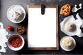Blank restaurant menu template on dark wood table AI Generated, top view. Royalty Free Stock Photo