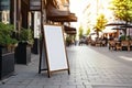 Blank restaurant shop sign or menu boards near the entrance to restaurant. Cafe menu on the street. Blackboard sign mockup in Royalty Free Stock Photo