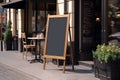 Blank restaurant shop sign or menu boards near the entrance to restaurant. Cafe menu on the street. Blackboard sign mockup in Royalty Free Stock Photo