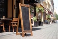 Blank restaurant shop sign or menu boards near the entrance to restaurant. Cafe menu on the street. Blackboard sign mockup in Royalty Free Stock Photo