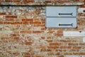 Blank road signposts against a brick wall