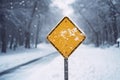 A blank road traffic sign warning of winter driving conditions on a road Royalty Free Stock Photo