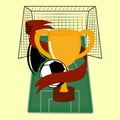 Blank Robbin With Trophy Cup, Soccer Ball And Goal Net On Field Green And Yellow Background For Football Championship