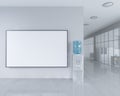 Blank roll up banner stand in bright office interior with clipping path around ad stand. 3d illustration Royalty Free Stock Photo