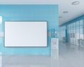 Blank roll up banner stand in bright office interior with clipping path around ad stand. 3d illustration Royalty Free Stock Photo