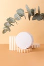 Blank round cosmetics container on the pastel isometric background.Empty geometrical podium and fresh eucalyptus branch behind. Royalty Free Stock Photo