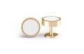Blank round gold cufflinks stud mockup lying and stand, isolated