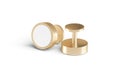 Blank round gold cufflinks stud mockup lying and stand, isolated