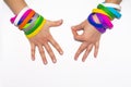 Blank rubber wristbands on wrist arm. Silicone fashion round social bracelet wear hand. Unity band.