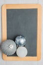 Blank rustic Christmas chalkboard slate with balls