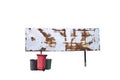 Blank rusty metal sign with garbage bins isolate on white background
