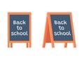 Blackboard, stand, chalkboard on education with title Back to school. Sandwich board school. Vector black board flat