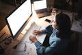 Blank screen, computer and desk writing with mockup of a laptop monitor and woman coding. Working, planning and work web Royalty Free Stock Photo