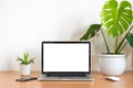 Blank screen of Laptop computer with smart phone, mouse hahnii plant pot and monstera plant pot Royalty Free Stock Photo