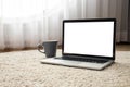 Blank screen laptop, notebook and morning coffee cup on doormat floor texture background