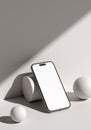 Blank screen smart phone mockup, template with geometric objects on gray background
