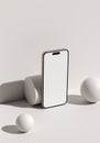 Blank screen smart phone mockup, template with geometric objects on gray background