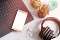 Blank screen smartphone on desk with laptop computer, wireless earphones, succulent plants on concrete table top, top view, copy Royalty Free Stock Photo