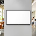 Blank screen on wall in office with people working and socializing in the background blurred out view Royalty Free Stock Photo
