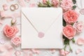 Blank sealed envelope near light pink roses, petals and silk ribbons top view, wedding mockup