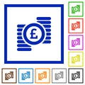 Set of color square framed Pound coins flat icons Royalty Free Stock Photo