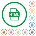 Set of HTML file format color round outlined flat icons