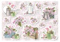 The blank is a set of stickers with apple blossoms with different garden watering cans, wooden boxes, a glass bottle Royalty Free Stock Photo