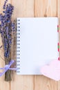 blank sheet of notebook for the inscription and a bunch of lavender flowers Royalty Free Stock Photo