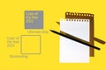 A blank sheet of Notepad, black pencil and hard shadows on bright yellow background