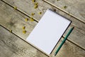 Blank sheet of notepad, pencil, on a wooden old table, yellow flowers Royalty Free Stock Photo