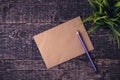 Blank sheet of old paper, pencil and houseplant on wooden table texture Royalty Free Stock Photo