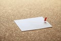 Blank sheet of paper for notes pinned to cork notice board Royalty Free Stock Photo