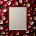Blank sheet set in a sea of colorful petals, against a deep garnet background. colorful background, Floral BackgrounB Royalty Free Stock Photo