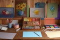 Blank sheets of paper, colorful chalk pastels and drawing pencils on wooden table indoors. Modern artist`s workplace Royalty Free Stock Photo