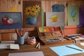 Blank sheets of paper, colorful chalk pastels and drawing pencils on wooden table indoors. Modern artist`s workplace Royalty Free Stock Photo