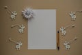 Blank sheets of paper with copy space for text, pen and deers made of wood close-up top view DIY beige background Royalty Free Stock Photo