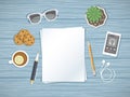 Blank sheets of paper on the desktop. Preparation for work, notes, sketches. Top view of paper, pen, pencil and other. Royalty Free Stock Photo