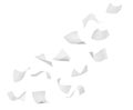 Blank sheets of paper flying on white background