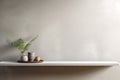 blank shelf for display of presentation product with Gray wall room with windows showing sunlight, vase and pot Royalty Free Stock Photo