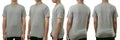 Blank shirt mock up template, front, side and back view, Asian teenage male model wearing plain heather grey t-shirt isolated on