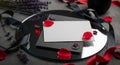 Mirror Display with Blank Card, Rose Petals, Lavender, and Ribbons image (1045 Royalty Free Stock Photo
