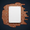 Blank sign on broken brick wall isolated on white background Royalty Free Stock Photo