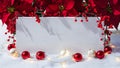 Blank sign with christmas decorations, holiday background, blank card festive christmas red ornaments berries snow background Royalty Free Stock Photo