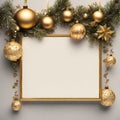 Blank sign with gold Christmas decorations ornaments New Year snowflakes, AI generated. Royalty Free Stock Photo