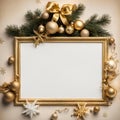 Blank sign with gold red Christmas ornaments New Year snowflakes, AI generated. Royalty Free Stock Photo