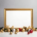 Blank sign with gold silver red Christmas decorations ornaments, AI generated Royalty Free Stock Photo