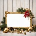 Blank sign with gold silver red Christmas decorations ornaments New Year snowflakes, AI generated. Royalty Free Stock Photo