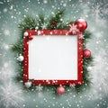 Blank sign red green Christmas decoration snow ornaments, AI generated Royalty Free Stock Photo