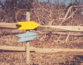 Blank signs in arrow shape on fence post