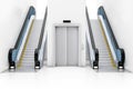Blank Silver Closed Elevator Lift between Modern Luxury Escalators on Indoor Building Shopping Center, Airport or Metro Station. Royalty Free Stock Photo